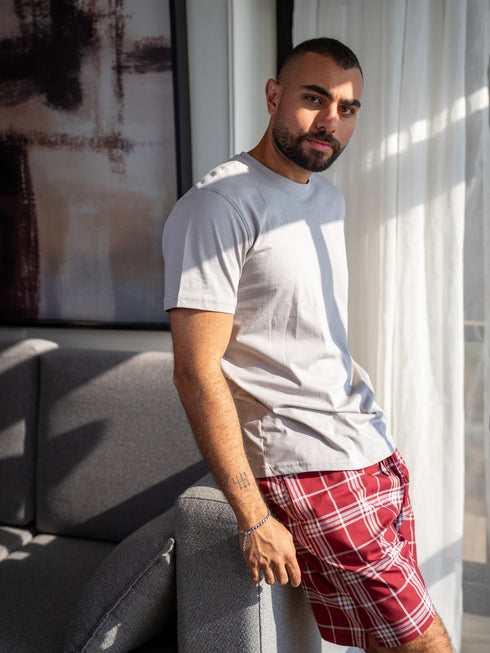 Men summer pajama set Greyish T-shirt + Dark Red X Greyish Tartan Plaid Short